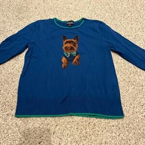 Lands End Scottish Terrier Sweater Sz L 100% Cotton 3/4 Sleeve Preppy Casual